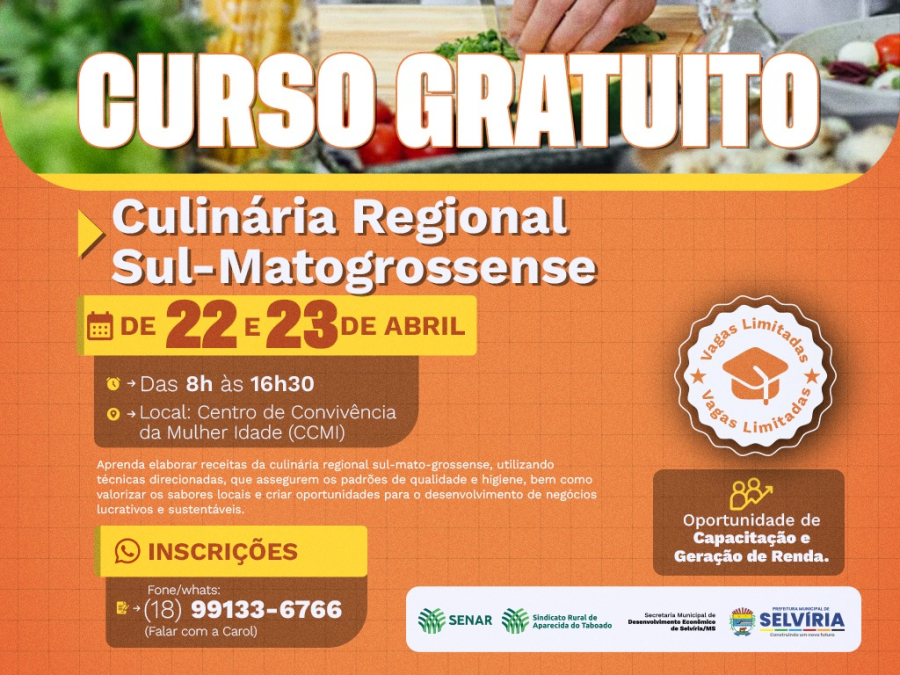 Inscrições abertas para curso gratuito de Culinária Sul-mato-grossense