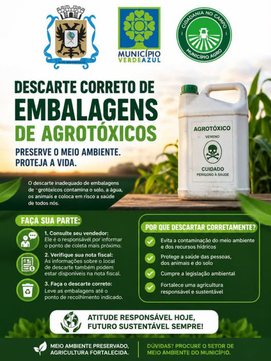 Prefeitura de Sud Mennucci orienta sobre descarte de embalagens de agrotóxicos.