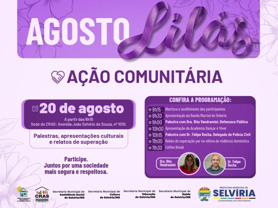 Agosto Lilás: Selvíria terá ação comunitária com palestras, apresentações culturais e relatos de superação
