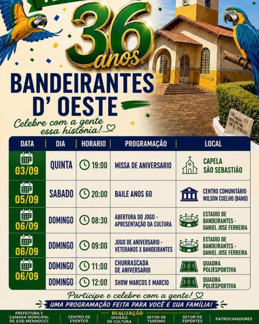 VEM AÍ A FESTIVIDADE DE 36 ANOS DE BANDEIRANTES D’OESTE