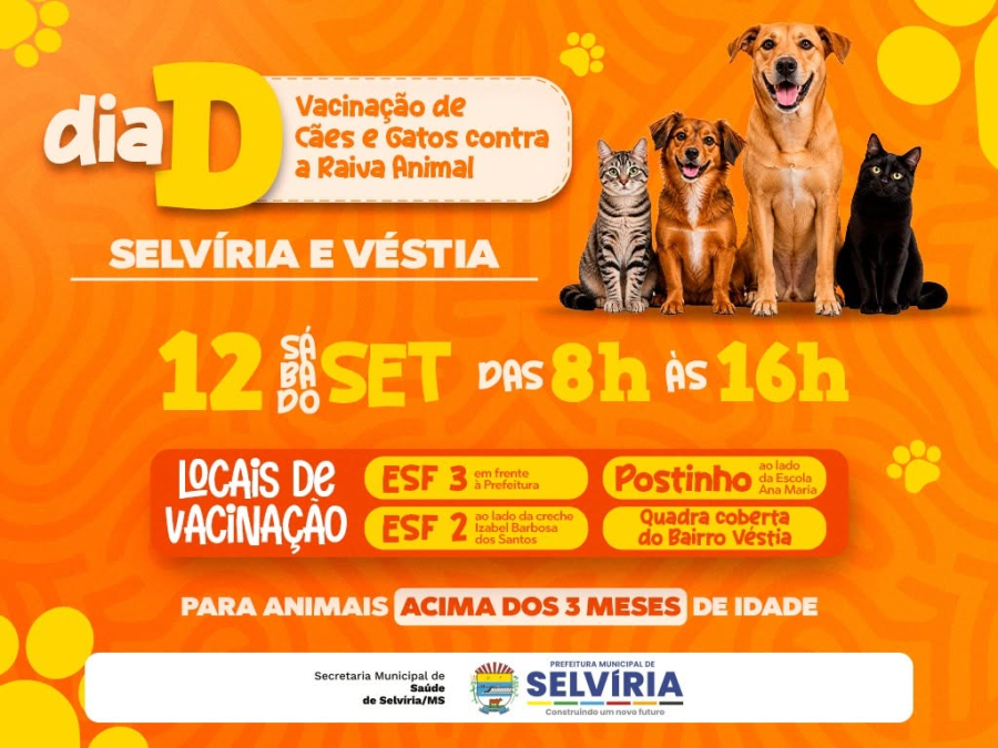 Dia D de vacinação contra a raiva será realizado no dia 12 em Selvíria e Véstia