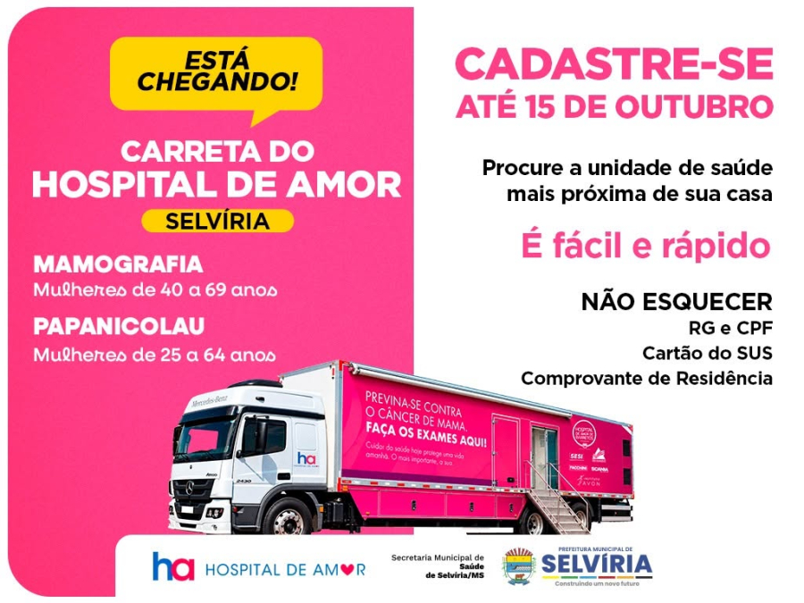 Selvíria: mulheres podem agendar exames de Papanicolau e mamografia na carreta do Hospital de Amor até dia 15