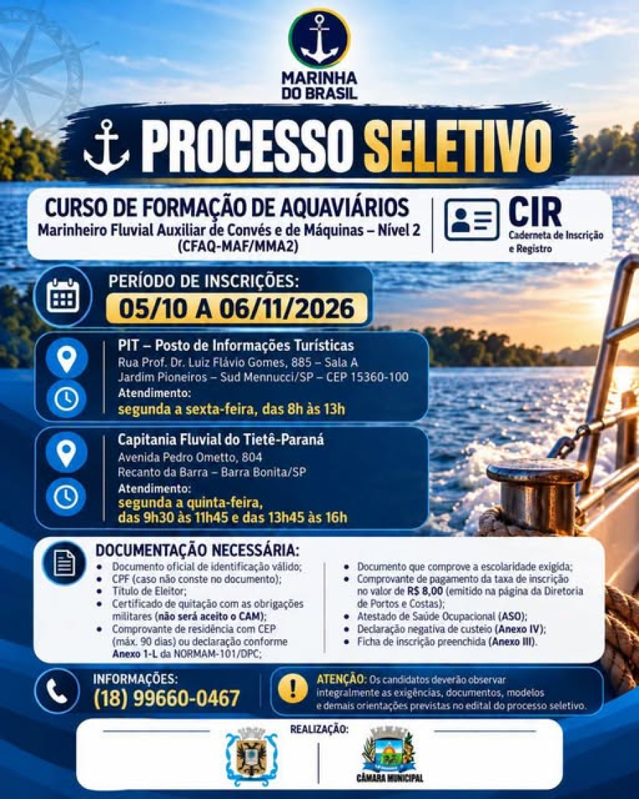 INSCRIÇÕES ABERTAS – CURSO DE FORMAÇÃO DE AQUAVIÁRIOS