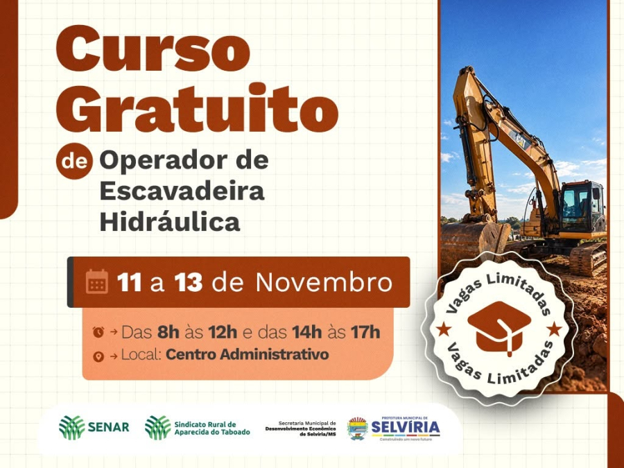 Inscrições abertas para curso gratuito de Operador de Escavadeira Hidráulica