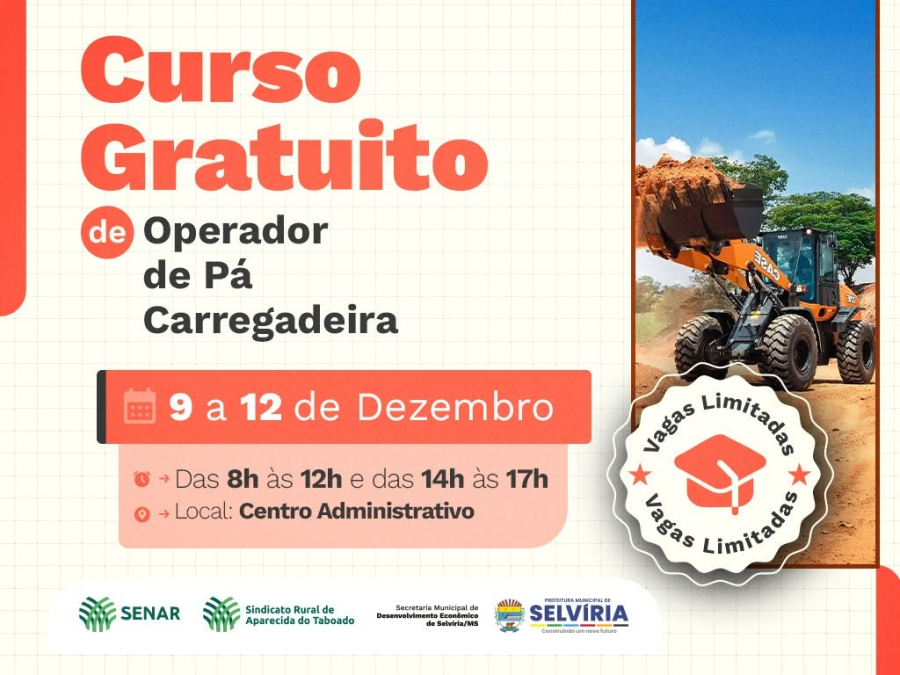 Inscrições abertas para curso gratuito de Operador de Pá Carregadeira